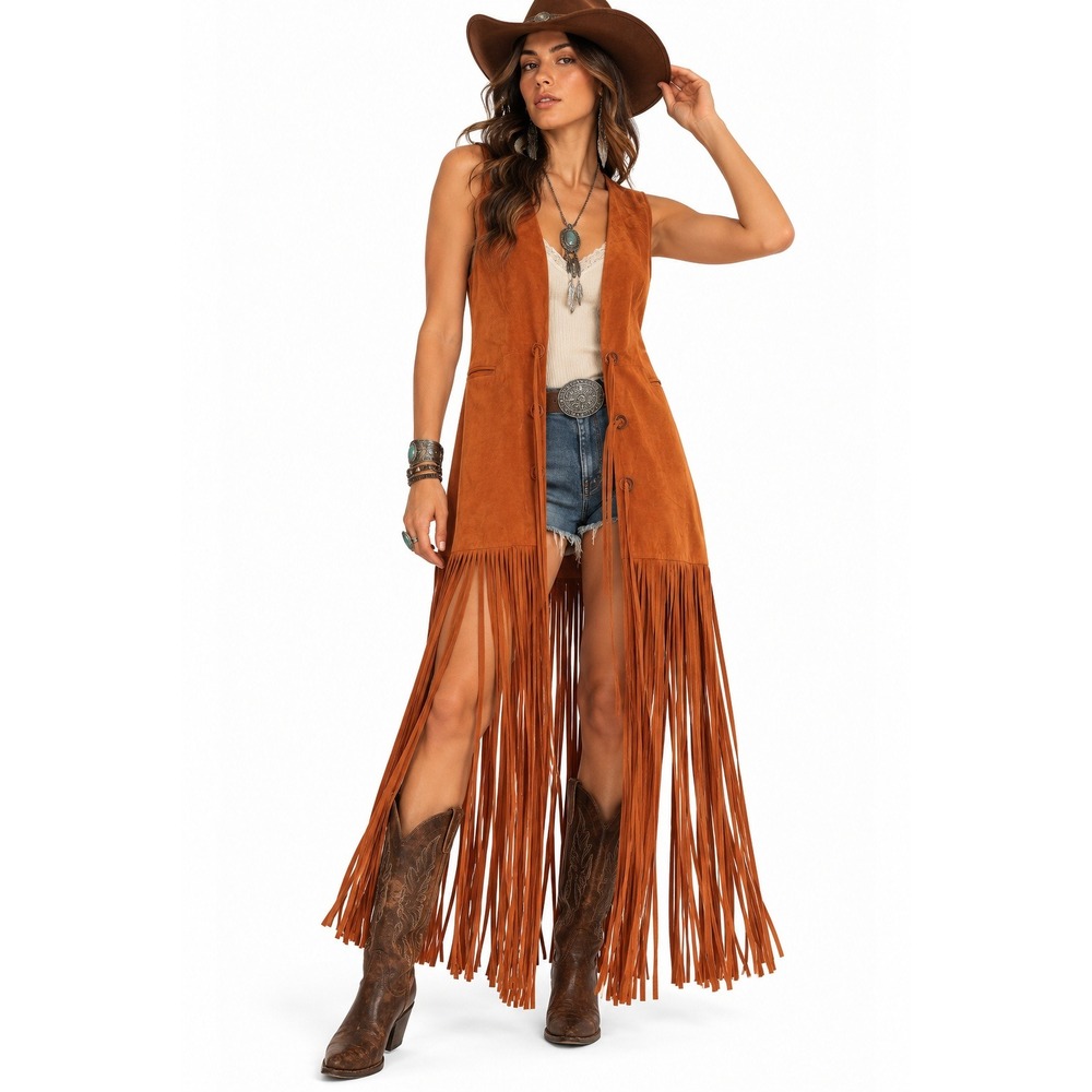Intermix Faux Suede Leather Fringe Duster Vest sz S Cognac Brown Western Cowgirl